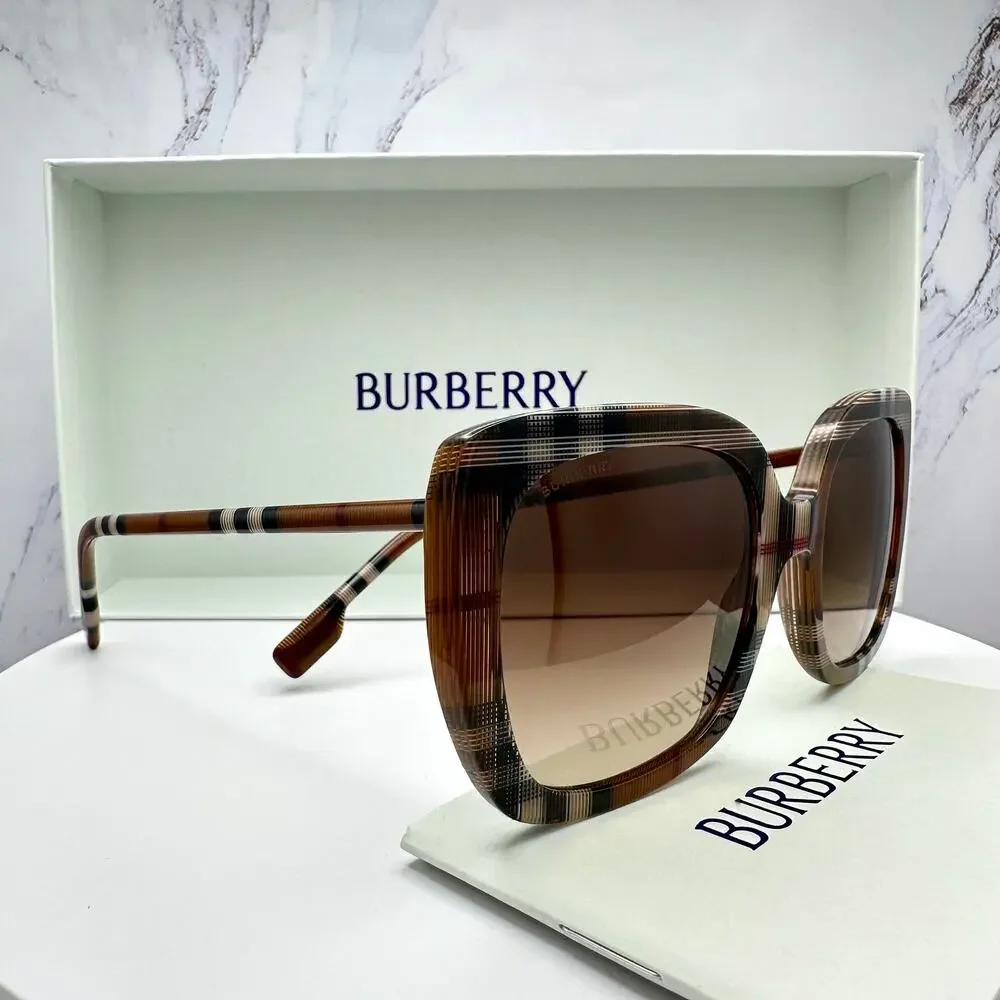 New Burberry Sunglasses Brown Check Square Frames Gradient Lens w/ Case BURBERRY